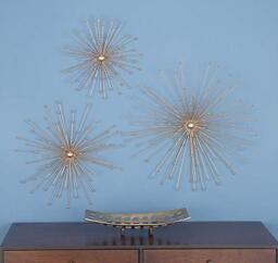 "Deco 79 Metal Starburst 3D Wall Decor, Set of 3 13"", 17"", 21"" W, Gold"