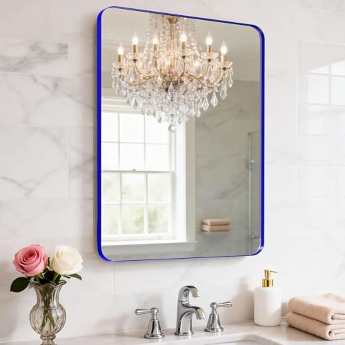 "YYXW 18"" x 24"" Blue Bathroom Mirror Wall Mounted, Matte Aluminum Alloy Frame with Rounded Corners, Shatterproof Tempered Glass, Anti-Rust HD Vanity Mirror for Bathroom, Bedroom, Entryway"
