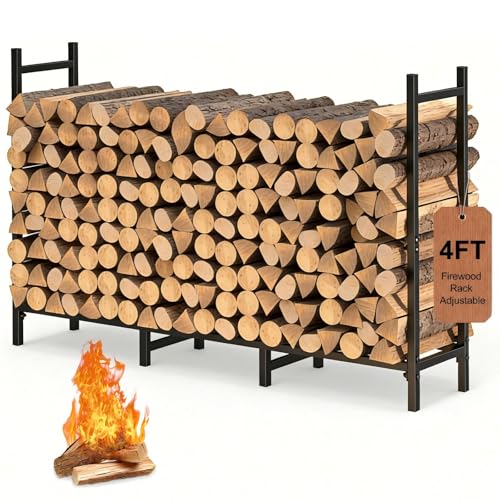 4ft Outdoor Indoor Firewood Rack Holder for Fireplace Wood Storage, Adjustable Stacker Stand, Heavy Duty Fire Logs Stand Stacker Holder for Fireplace Metal Lumber Storage Carrier Organizer