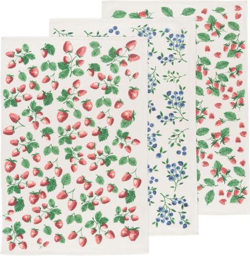 Now Designs Berry Patch Cotton Floursack Kitchen Dish Towels 20 x 30in, Set of 3, Red, Blue, Green, White