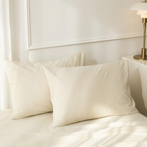 JIYUAN 100% Washed Cotton Pillowcases Set Envelope Closure Pack of 2 Comfy Simple Style Soft Breathable Textured Durable Linen Feel Bedding for All Seasons Queen Size, Beige
