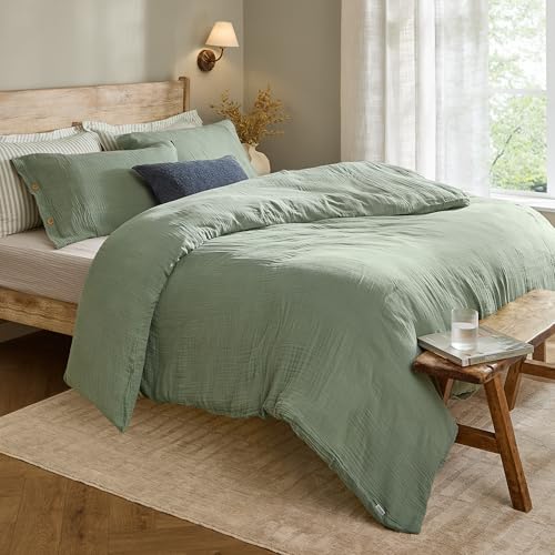 Yard furn Lark Cotton Muslin Duvet Cover Set - Soft Crinkle Texture Bedding (Eucalyptus - King)