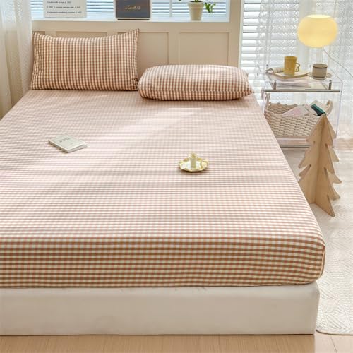 "Pink Gingham Fitted Sheet Queen 100% Washed Cotton Grid Bottom Sheet 1 Piece Gingham Bedding Plaid Fitted Sheet with 15"" Deep Pocket Farmhouse Bed Sheet Breathable Mattress Cover for Girls Women"