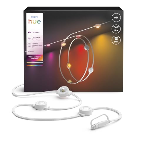 Philips Hue Festavia Permanent Outdoor String Lights Extension, 9 m, 16 Lights, 55 Lumens Per Light, Dimmable, Weatherproof, Water-Resistant, Easy to Install, White and Color Ambience, White Wire