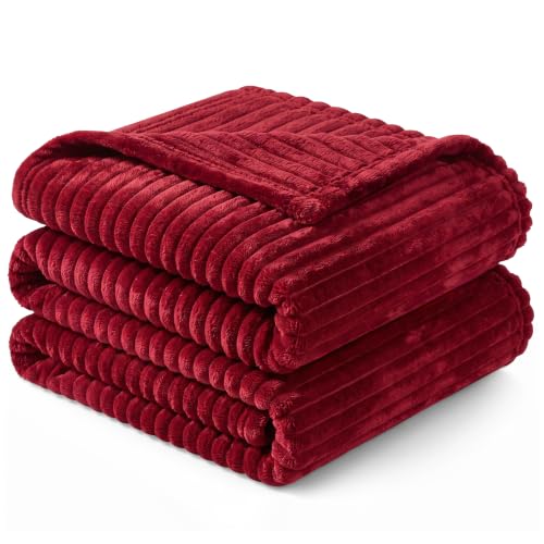 PAVILIA Super Soft Fleece Throw Blanket Twin Burgundy Wine Red, Fuzzy Plush Flannel Throw, Warm Cozy Ribbed Microfiber Blanket for Sofa Couch Bed, Lightweight Striped Blanket, Wine, 60x80