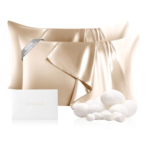 "THXSILK 2 Pack 100% Mulberry Silk Pillowcase for Hair and Skin, Grade 6A+ Mulberry Silk Pillow Cases 22 Momme, Pure Mulberry Silk Pillow Case Cover with Zipper, 2pcs (Queen 20""x30"", Beige)"