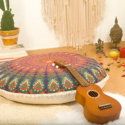 Mandala Life ART Yoga Decor Floor Cushion Cover - Round Medition Pillow Case - Hand Printed Organic Cotton Pouf