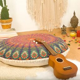 Mandala Life ART Yoga Decor Floor Cushion Cover - Round Medition Pillow Case - Hand Printed Organic Cotton Pouf