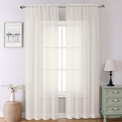 "Lecloud Ivory Sheer Curtains 90 Inches Long 2 Panels, Elegant Light Filtering Voile Breathable Curtains, Solid Window Treatments with Dual Rod Pocket for Dining Room Bedroom, Each 42"" W x 90"" L"