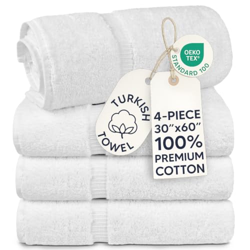 Chakir Turkish Linens - Hotel & Spa Quality 100% Cotton Premium Turkish Towels - Soft & Absorbent (30x60 Inches Extra Large Bath Towels, Set of 4 - White)