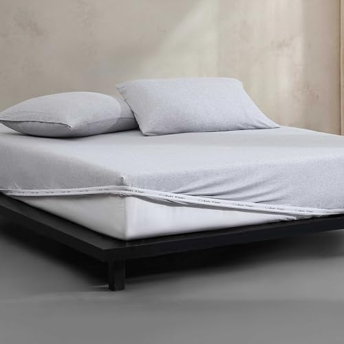 Calvin Klein - King Bed Sheets, Cotton Melange Jersey Bedding Set with Deep Pockets, Super Soft & Cozy Bedding Essentials (Modern Cotton Grey/Blue, King)