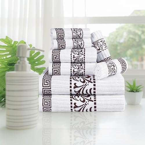 Superior 8 Piece Cotton Towel Set, Highly-Absorbent Plush Decorative Bohemian, Greek Key Trim Jacquard Dobby Border, Face Towels 13” x 13”, Hand Towels 16” x 30”, Bath Towels 30” x 52”, Chocolate