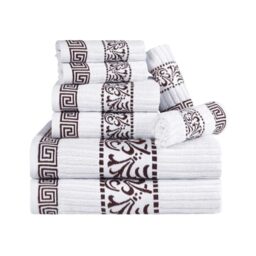 Superior 8 Piece Cotton Towel Set, Highly-Absorbent Plush Decorative Bohemian, Greek Key Trim Jacquard Dobby Border, Face Towels 13” x 13”, Hand Towels 16” x 30”, Bath Towels 30” x 52”, Chocolate