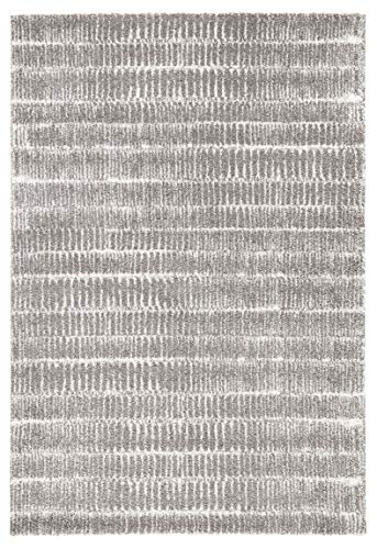 Nova High Pile Living Room Rug Soft Fluffy Long Pile Shaggy Flokati Two Colour Design Striped Look for Children's Room Bedroom Study Kitchen Hallway Grey Cream 120 x 170 cm