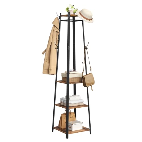 VASAGLE Vintage Coat Rack, Coat Stand with 3 Shelves, Ladder Shelf with Hooks and Clothes Rail, Metal Frame ULCR80X