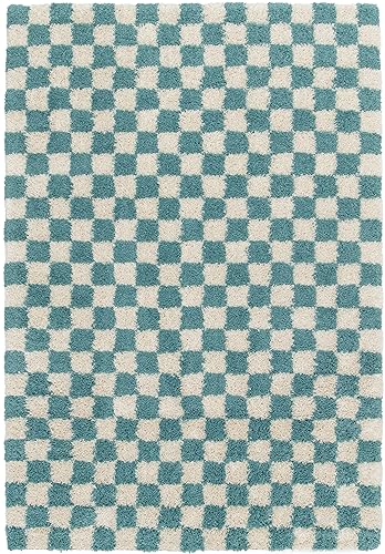 BALTA Shaggy Checkerboard Pattern Rug, Rectangular Rug for the Living Room - Bedroom, Soft and Comfortable, Easy Care, Pile Height 30 mm, Polypropylene, 160 x 230 cm, Turquoise