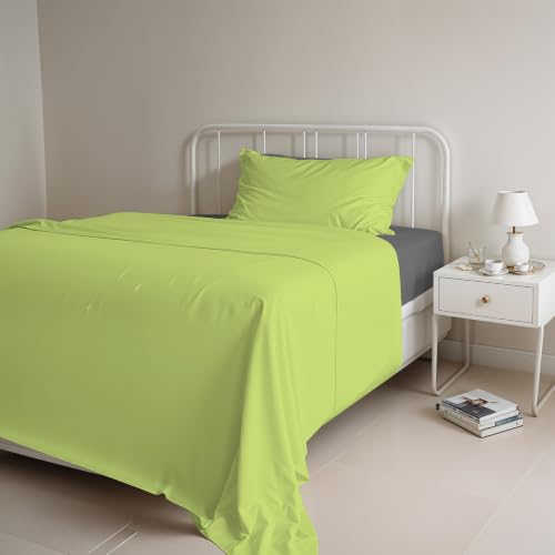 Italian Bed Linen Natural Color Bed Set (Flat 150x300, Fitted Sheet 90x200cm+Pillowcase 52x82cm), Petrol Bottle Green, Acid Smoke, SINGLE