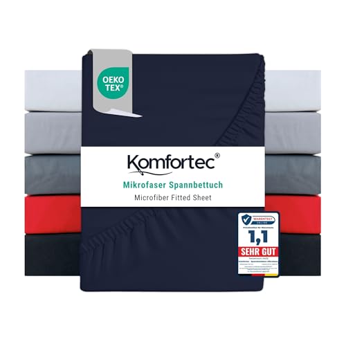 Komfortec Microfibre Fitted Sheet 180 x 200 cm Soft Fitted Sheet with Elasticated Edging for Mattresses up to 30 cm Blue Oeko-Tex Easy Care and Skin-Friendly 90 g/m²
