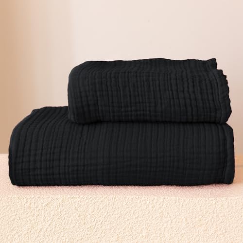 Viva Maison - Muslin Towels for Adult Bath, Thin Towels for Bathroom, Soft, Quick-Dry, Lint-Free, Large Size 32x67 Inch (Black, 1 Bath & 1 Hand Towel Set)