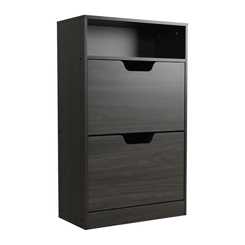 Relaxdays Shoe Cabinet with 2 Tilt-Out Doors, 8-Pair Capacity, Narrow Wood Effect Grey, 102x60x24 cm