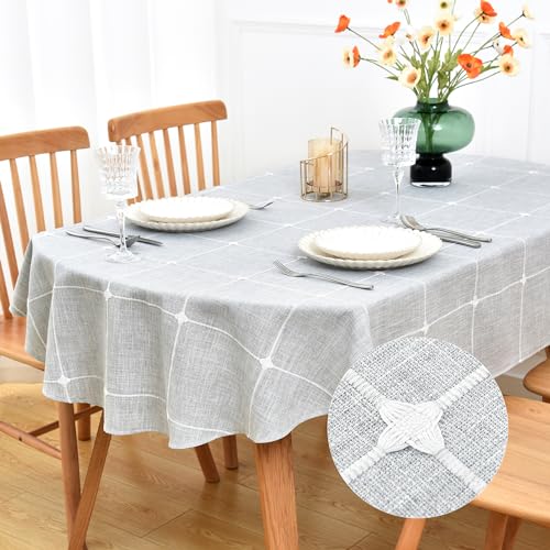 NEWISHER Farmhouse Embroidered Plaid Oval Tablecloth 52 x 70 Inch - Lattice Heavy Weight Table Cloth, Rustic Checkered Oval Table Cover, Grey Tablecloth for Dining Kitchen Home Decor Party