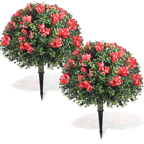 Yunlly Set of 2 Artificial Bougainvillea Flowers Boxwood Topiary Ball Tree Faux Bush Outdoor Plants with Ground Spike, UV Resistant Fake Shrubs for Garden, Yard, Porch, Patio Decor(Hotpink)