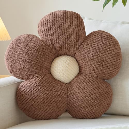 Ddliury Flower Pillow, Decorative Throw Pillow for Couch, Cute Decor Pillows for Bed, Aesthetic Flower Shaped Pillow Fun Cushion (Brown, 14.9 Inches)