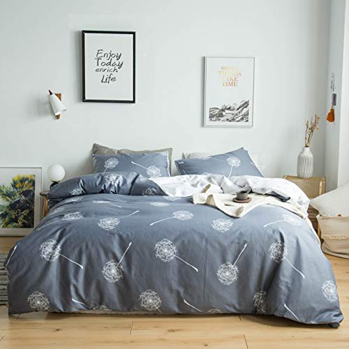 YuHeGuoJi Gray Botanical Duvet Cover Queen 100% Cotton 3 Pcs Set 1 White Grey Floral Duvet Cover with Zipper Ties 2 Pillowcases Farmhouse Reversible Dandelion Flower Bedding Set Soft