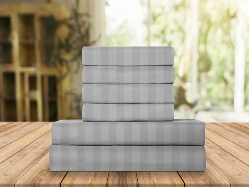 Elegant Comfort Luxury Soft Bed Sheets Dobby Stripe 1500 Premium Hotel Quality Microfiber Softness Wrinkle and Fade Resistant (6-Piece) Bedding Set, Full, Stripe Silver Grey