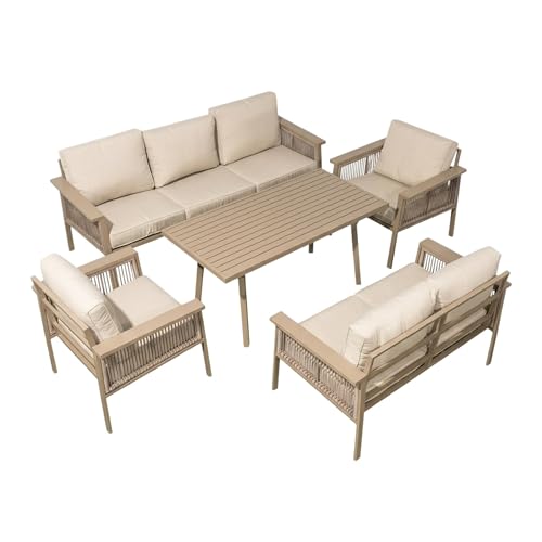 7 Seater Aluminium Garden Furniture Set Beige with Dining Table - Poly Rattan Rope Loveseat, Armchairs, Dining Table, Thick Cushions, for Lounge, Conservatory and Balcony Seating