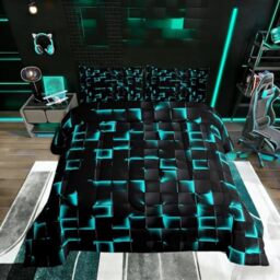 Erosebridal Neon Black Teal Boys Comforter Set Twin Geometric Checkered Turquoise Bedding Set for Kids Teen Men Gaming Room Decor,Abstract Ombre Plaid Comforter Grids Quilt Duvet