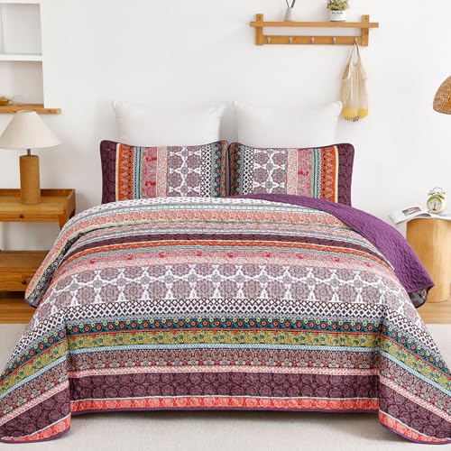 "WONGS BEDDING Boho Quilt Set Queen Size, Purple 3 Pieces Bohemian Striped Patchwork Bedspread Coverlet, Lightweight Soft Microfiber Bedding Set for All Season (96""x90"")"