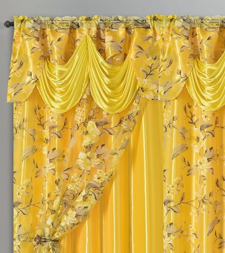 GOHD Roman Romance Burnt-Out Printed Organza Window Curtain With Backing Set - Choice of 2pcs Treatment or 1pc Valance (Yellow, 55 x 84 inches + Attached Valance x 2pcs)