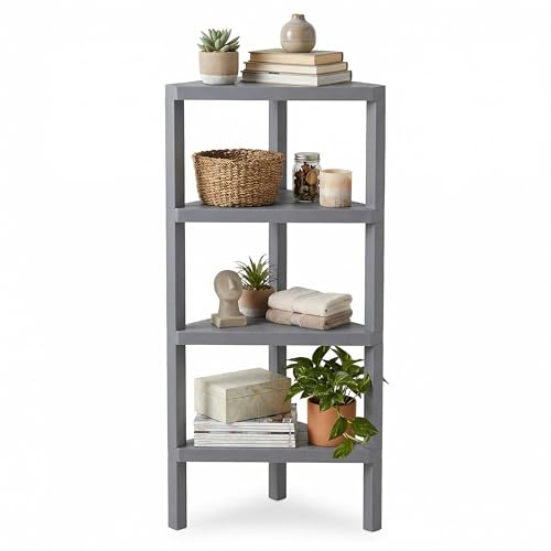 CASART Freestanding Corner Bookshelf, 4-Tier Display Rack Shelf Stand with Open Slatted Shelves, Narrow Storage Organizer Ladder Shelving Unit for Home Office Living Room Bathroom (Grey, Triangle)