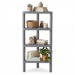 CASART Freestanding Corner Bookshelf, 4-Tier Display Rack Shelf Stand with Open Slatted Shelves, Narrow Storage Organizer Ladder Shelving Unit for Home Office Living Room Bathroom (Grey, Triangle)