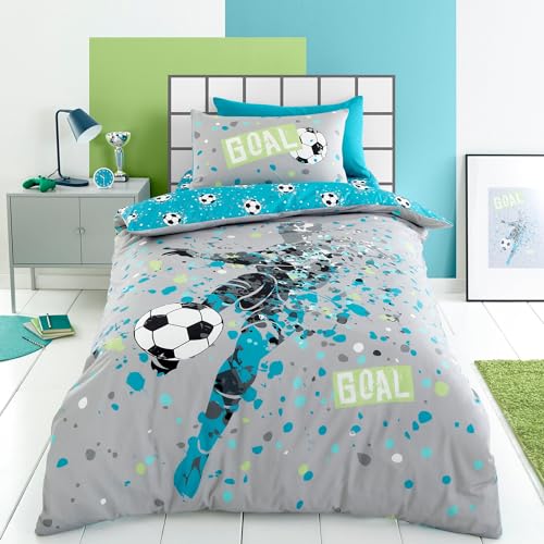 Bedding Bedlam Blue Aqua Football Duvet Cover Set – Single Size 140x200cm – Reversible Soccer Design – Boys Bedroom Accessories – Football Themed with Pillowcase