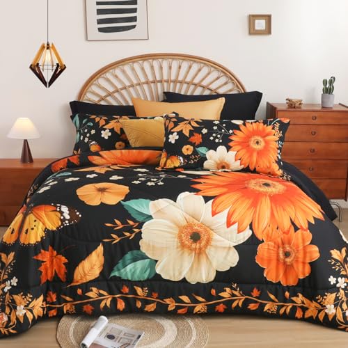 "EVENHUG King Size Comforter Set 7 Pieces Black Sunflower Floral Botanical Bedding Sets for All Season Bed in a Bag with Flowers Comforter and Flat Sheet, Fitted Sheet, Pillowcases (104""x90"")"