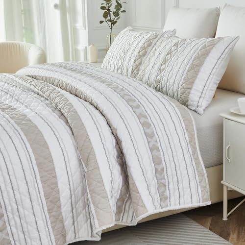 Brandream Elegant Cotton Quilt Set Twin Size 2-Piece ??? Soft Striped & Textured Design - Lightweight & Breathable Comforter with Matching Pillow Sham for All Seasons
