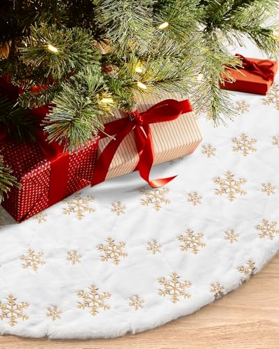 COOLWUFAN 122cm/48 Inches Christmas Tree Skirt for Xmas Tree Holiday Party Decorations White Plush Gold Sequin Snowflake (Gold)