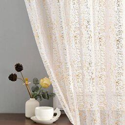 TERLYTEX 63 Inch Metallic Gold Foil Sparkle Sheer Curtains for Bedroom, Privacy Glitter Window Panels, 52 x 63 Inch, 2 Panels, White