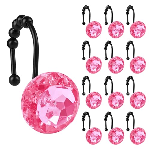 Sunlit Luxury Design Round Hot Pink Diamond Crystal Gem Bling with Glide Balls Shower Curtain Hooks, Rust Proof Metal Rhinestones Glam Shower Curtain Rings with Black Hooks, Set of 12