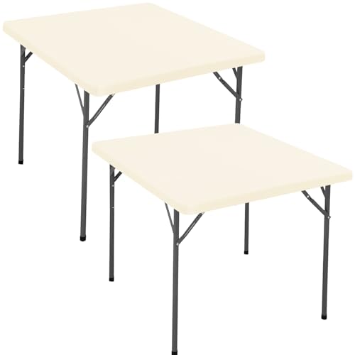 2 Pack Square Fitted Elastic Tablecloth for 36 x 36 Inches Card Tables Waterproof Stretch Washable Picnic Table Cover Folding Indoor and Outdoor Spandex Table Cloth for Parties Banquet Camping (Beige)
