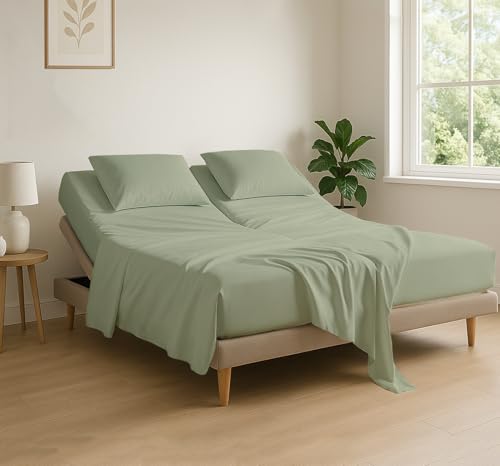Cottingon Flex Top King Sheets for Sleep Number Bed, 100% Egyptian Cotton - 400 TC Split King Sheets for Sleep Number Bed (4 Pcs) - Sage