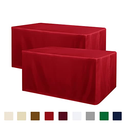 Obstal 2 Pack 8FT RedTable Cloths for Standard Folding Tables - Water Resistant Washable Fabric Polyester Rectangle Table Cover Protector for Wedding, Banquet and Trade Shows, 96L x 30W Inches