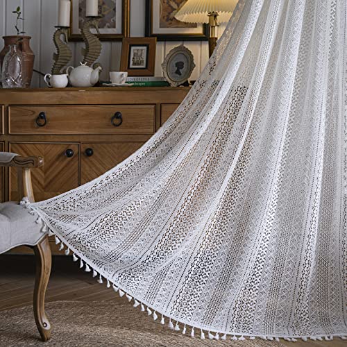 "Sutuo Home White Crochet Boho Curtain 84 Inches Length, Sheer Lace Handmade Tassels Knitted Window Treatment Vintage Rustic Bohemian Farmhouse Drape for Bedroom Rod Pocket 1 Panel 59"" W x 84"" L"