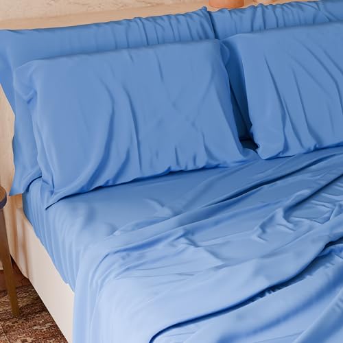 PETTI Italian Artisans - 4-Piece Maxi Double Bed Sheet Set, Soft and Breathable, Complete Bed Set with Top Sheet, Fitted Sheet with Elasticated Corners and 2 Pillowcases, Light Blue Sheets