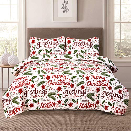 HowPlum Full/Queen Holiday Quilt Bedding Set Christmas Winter Script, Red Green White