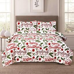 HowPlum Full/Queen Holiday Quilt Bedding Set Christmas Winter Script, Red Green White