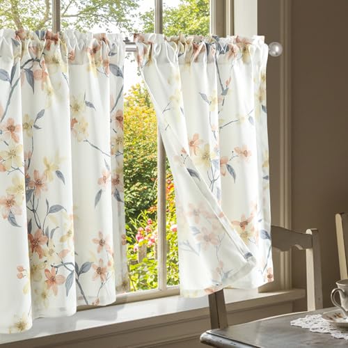"Leeva Farmhouse Style Kitchen Curtain Tiers, Elegant Floral Print Curtains for Small Windows, Light-Filtering for Living Laundry Room, Rod Pocket, 2 Panels, 30""x 30"""