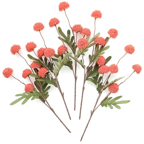 Floroom 5pcs Coral Orange Faux Silk Mums Artificial Flowers, Bulk Fake Small Mini Chrysanthemums with Stems for DIY Wedding Centerpieces Floral Arrangements Vase Fillers Home Decorations